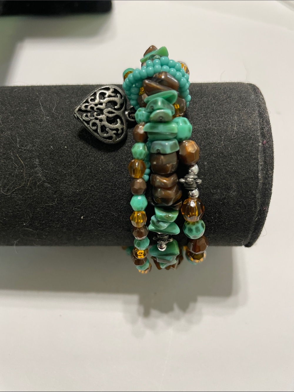 Summer - Turquoise & Brown Beaded Wrap Bracelet with Heart Charm.